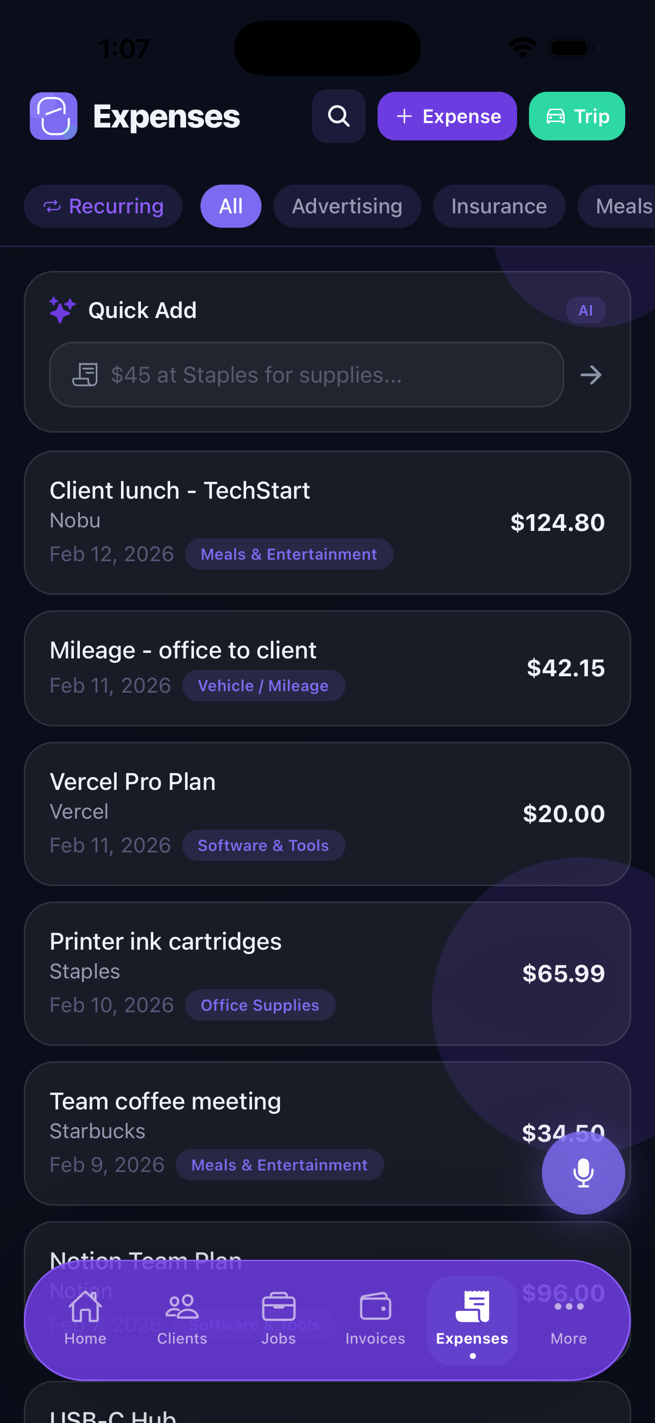 Stintly expense list
