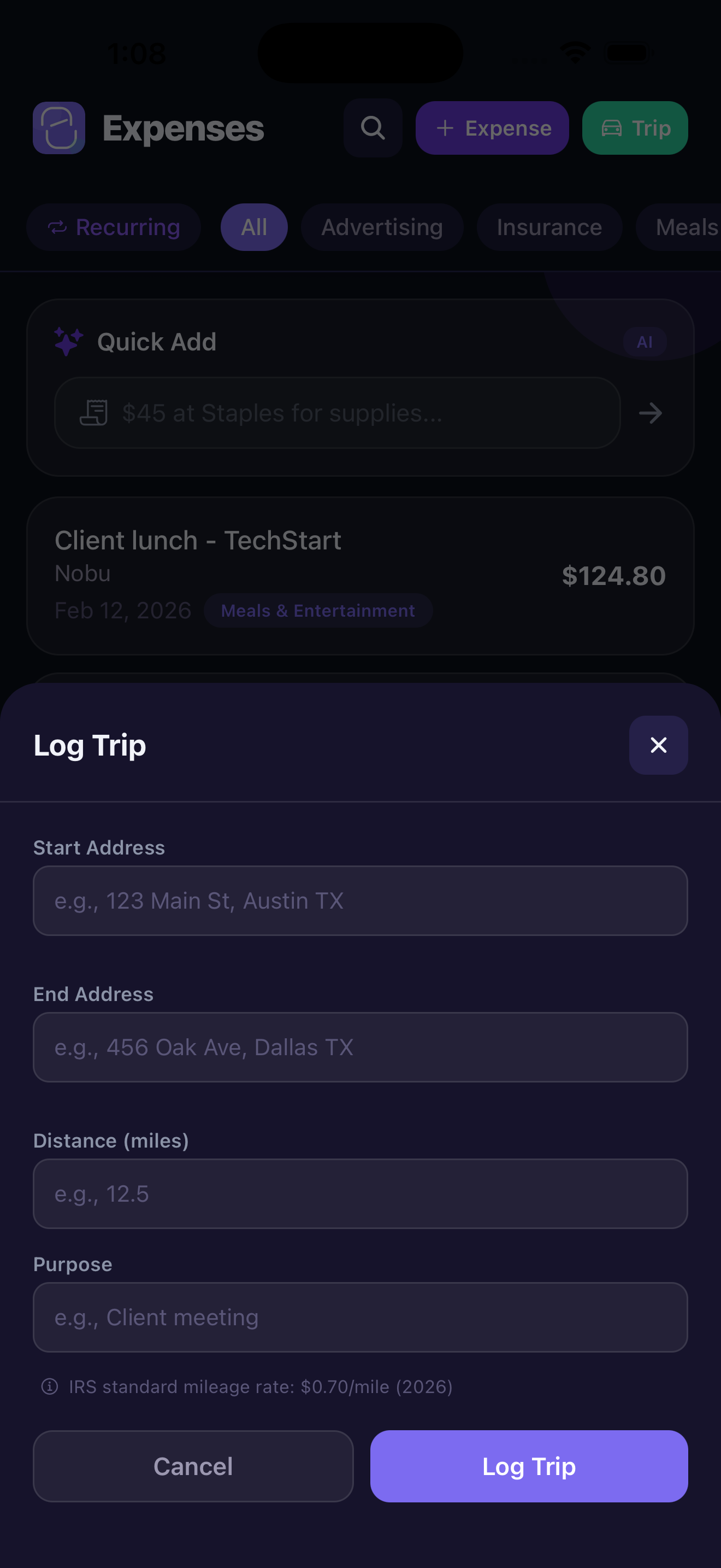 Stintly mileage tracking
